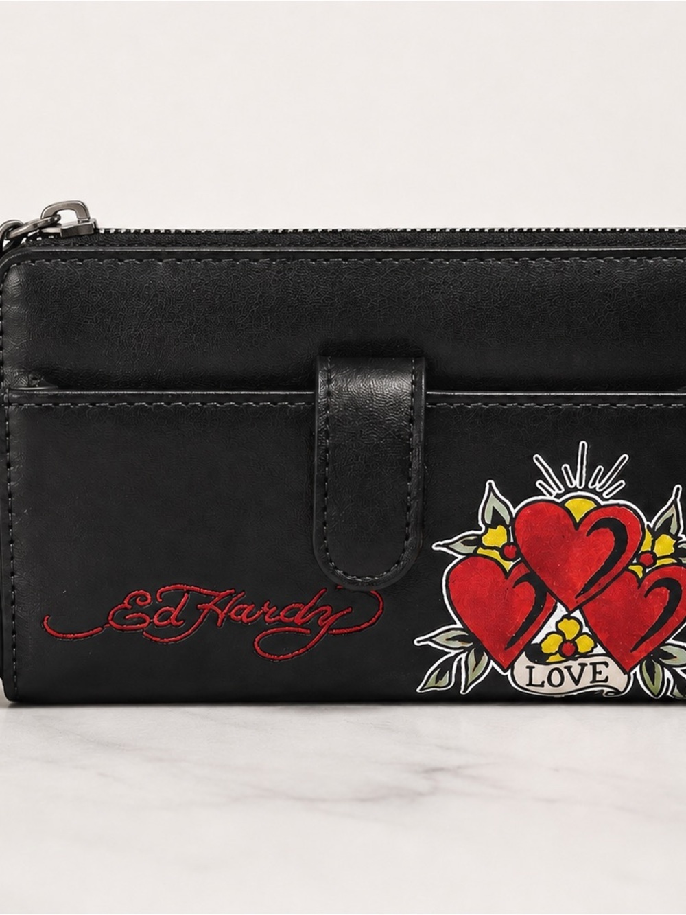 Ed Hardy Black Leather Crossbody Wallet Wristlet Heart Love Tattoo NWT